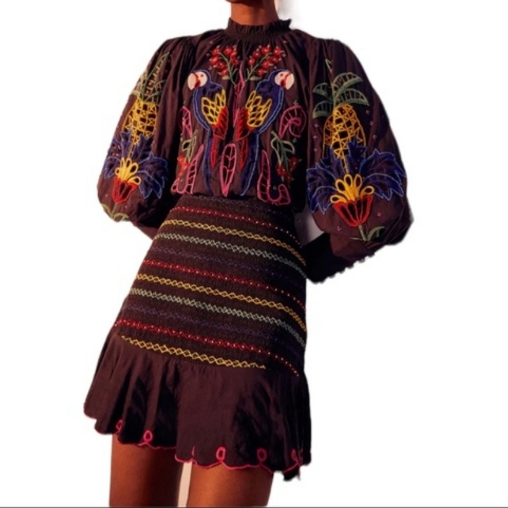 FarmRio Embroidered Puffsleeve  Black Dress Colorful Parrot Design Romantic Sz M - Picture 5 of 16